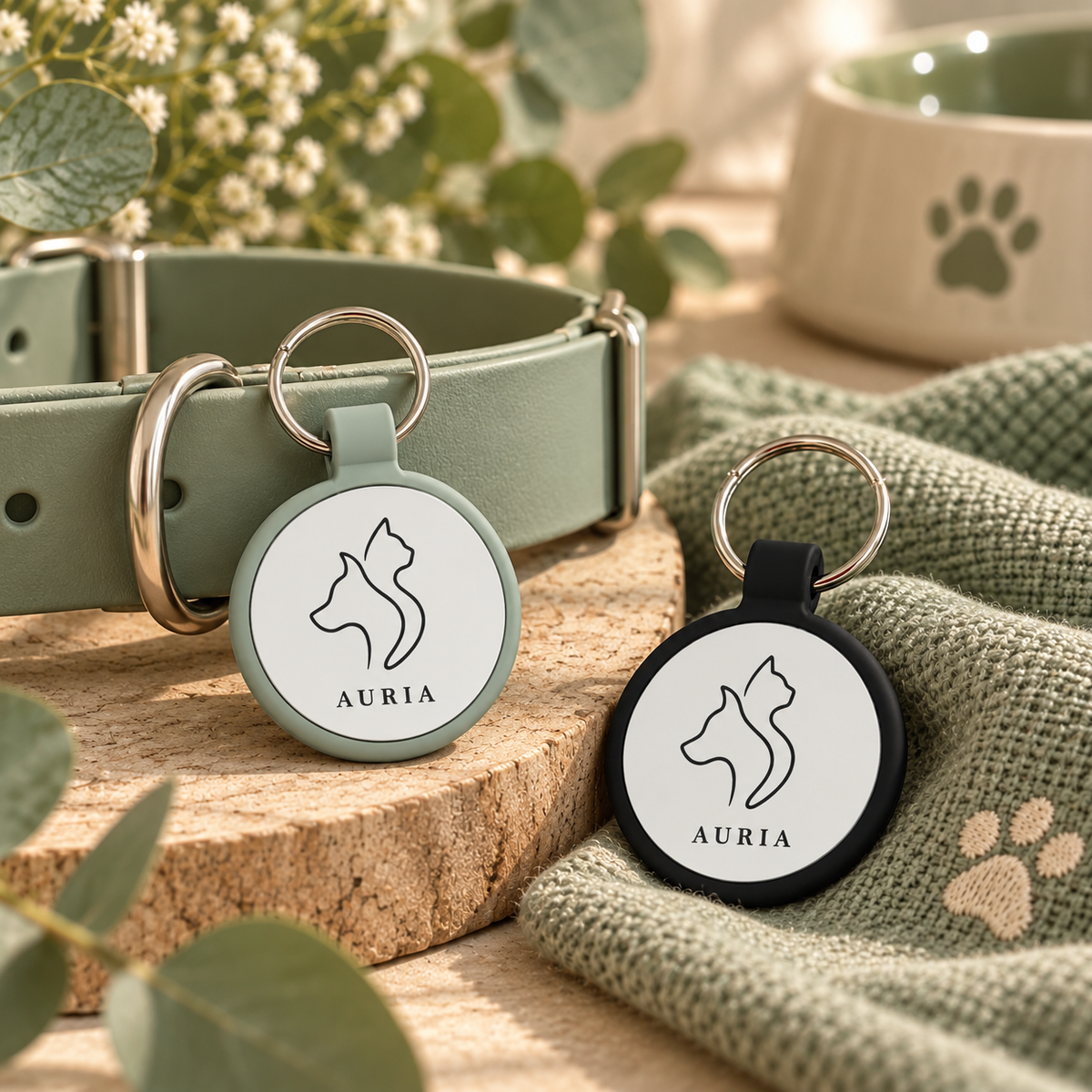 Médaille connectée silicone AURIA Pets verte et noire pour chien et chat à suspendre au collier avec QR Code et NFC